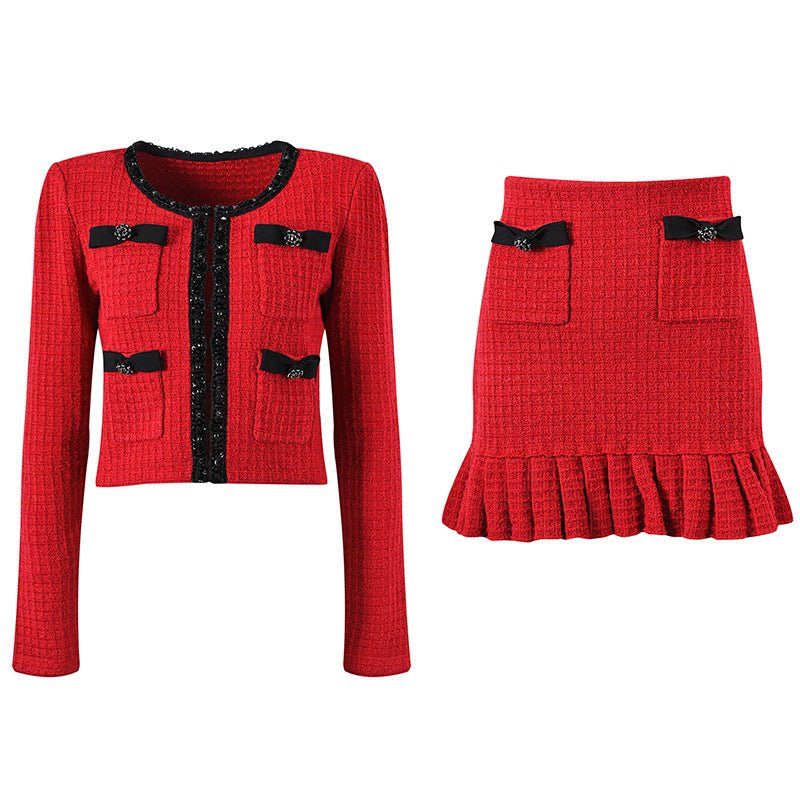 Red tailored fit blazer and skirt set with black accents