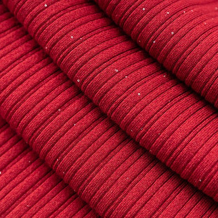 Bold Red Bodycon Fit Ribbed Knit Dress with Shimmering Accents