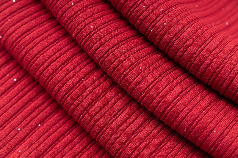 Bold Red Bodycon Fit Ribbed Knit Dress with Shimmering Accents