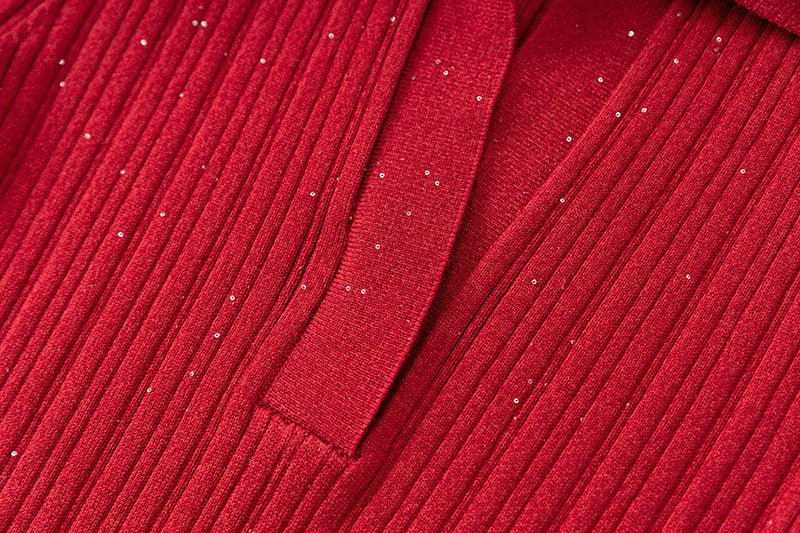 Red bodycon knit dress with shimmering accents