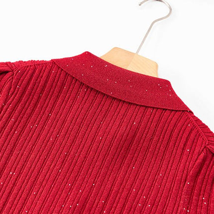 Red bodycon knit dress with shimmering accents