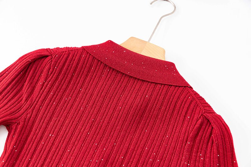 Red bodycon knit dress with shimmering accents