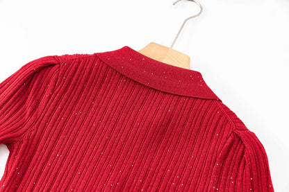 Red bodycon knit dress with shimmering accents