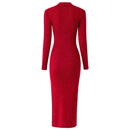 Red bodycon knit dress with shimmering accents