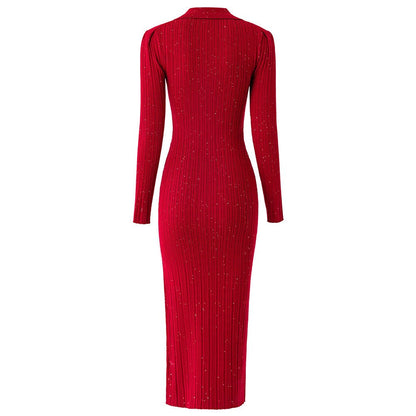 Red bodycon knit dress with shimmering accents