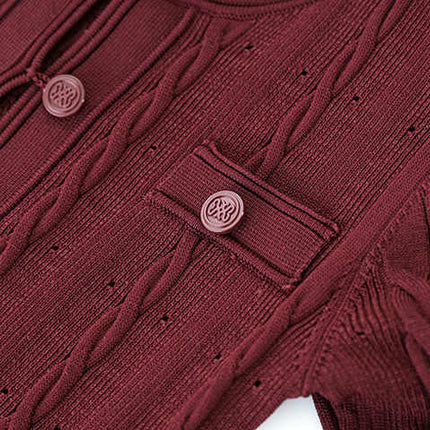 Daria wearing a Red Cable Knit Button-Down Cardigan