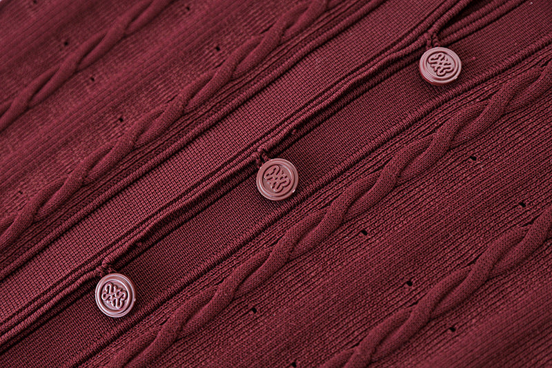 Daria wearing Red Cable Knit Button-Down Cardigan