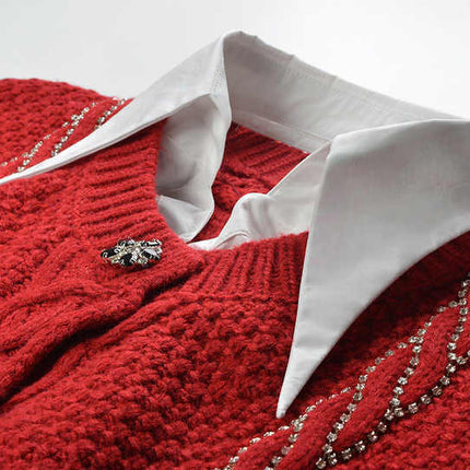 Red Cable Knit Cropped Cardigan with Decorative Buttons and Trim