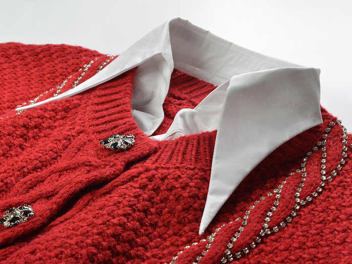 Red Cable Knit Cropped Cardigan with Decorative Buttons and Trim