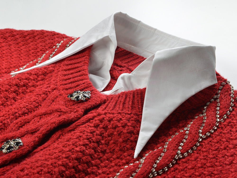 Red Cable Knit Cropped Cardigan with Decorative Buttons and Trim