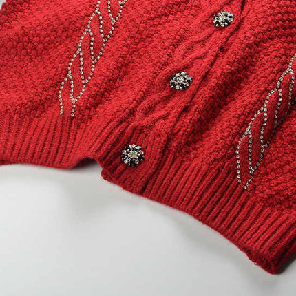 Red Cable Knit Cropped Cardigan with Decorative Buttons and Trim