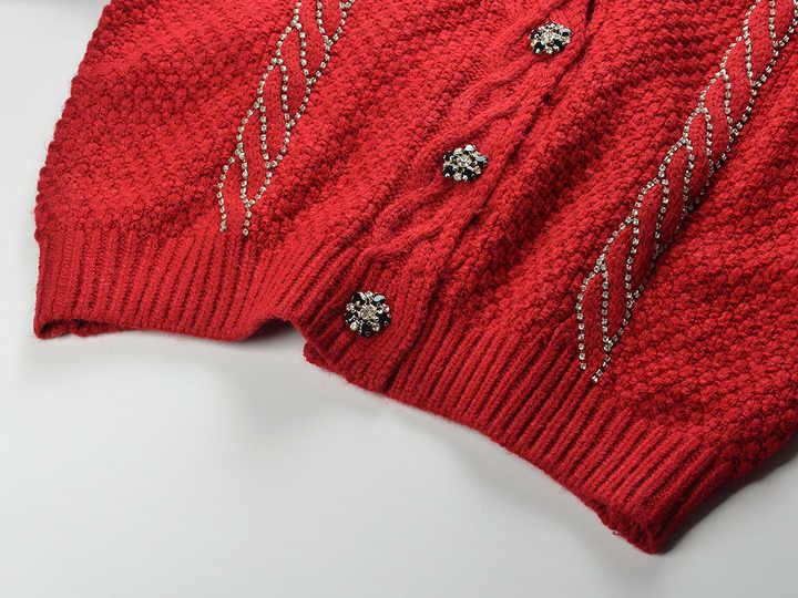 Red Cable Knit Cropped Cardigan with Decorative Buttons and Trim