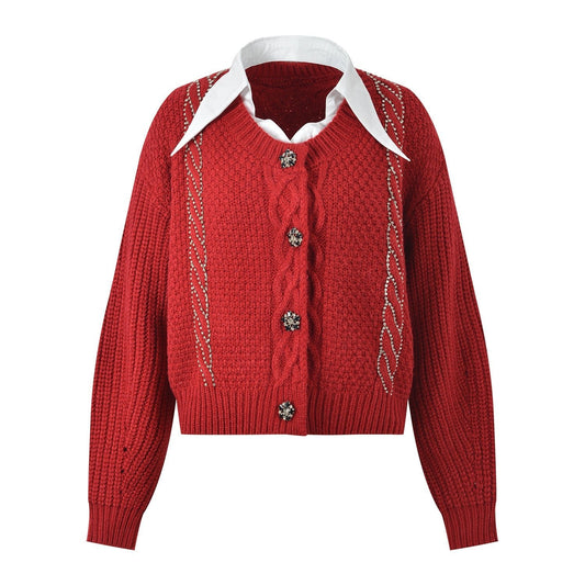 Red cable knit cropped cardigan with embellishments