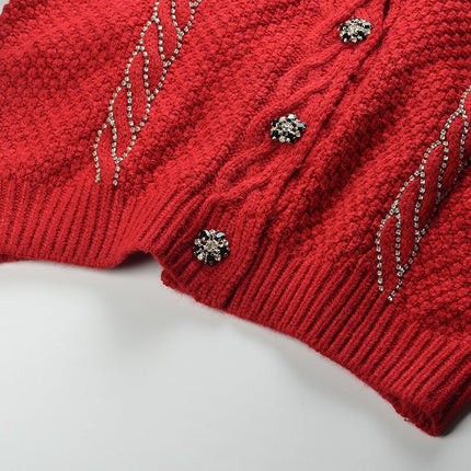 Red Cable Knit Embellished Cropped Cardigan