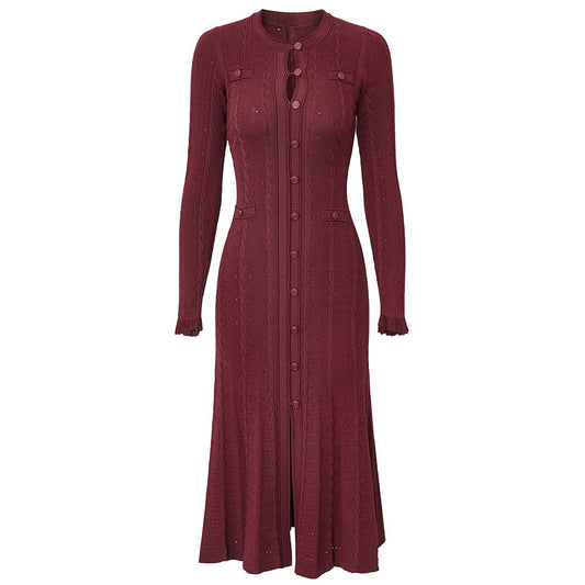 Red cable knit long cardigan with pockets in soft burgundy tone