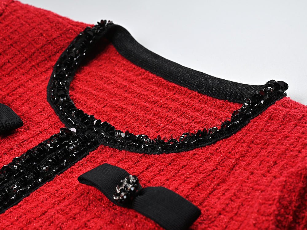 Red Chanel-Inspired Tweed Set with Bow Embellishments