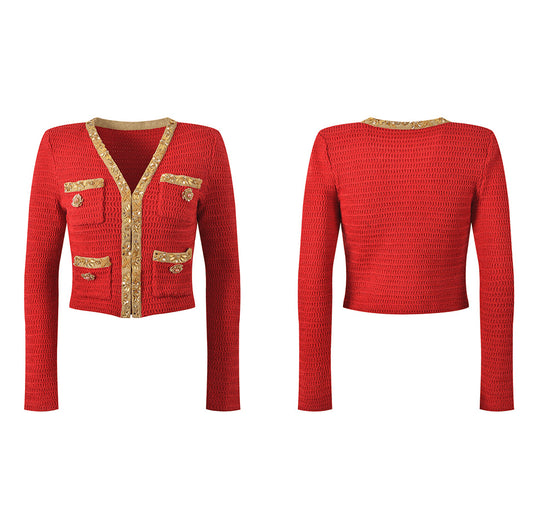 Red Cropped Knit Sweater with Gold Accents