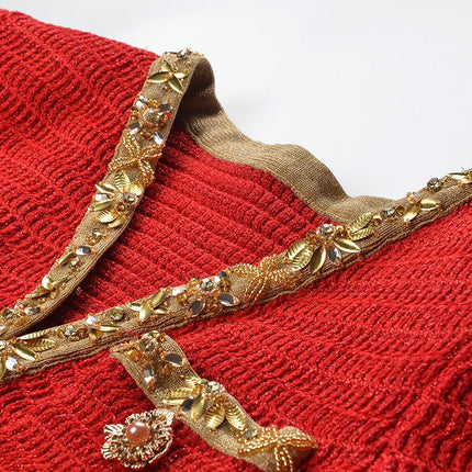 Red Cropped Knit Sweater with Gold Accents
