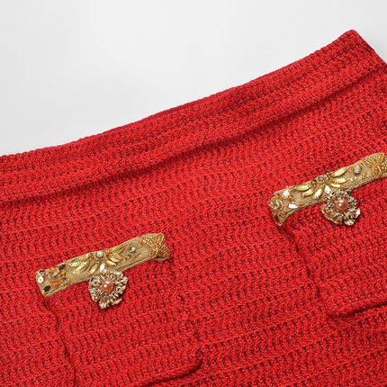 Red Cropped Knit Sweater with Golden Accents