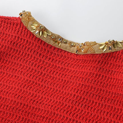 Red Cropped Knit Sweater with Golden Details
