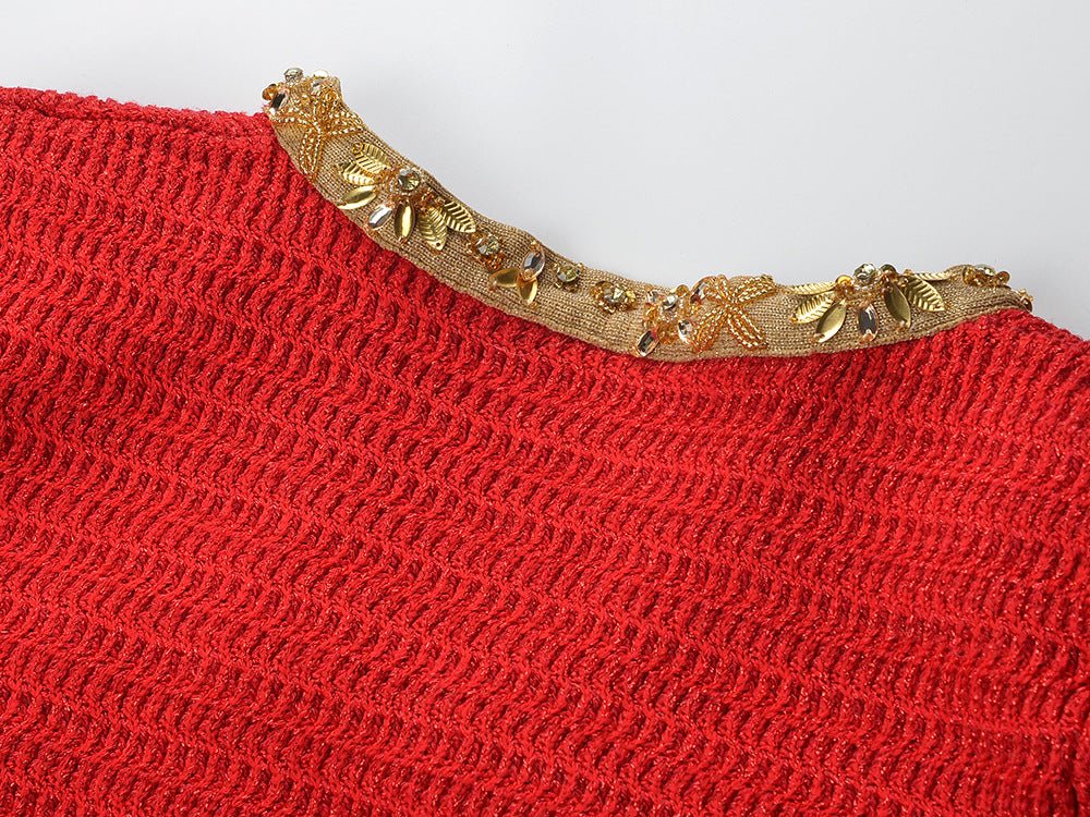 Red Cropped Knit Sweater with Golden Details
