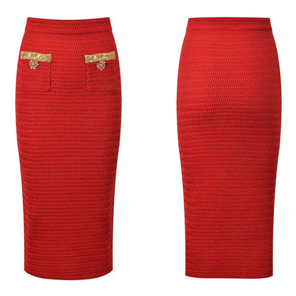 Red cropped tailored long sleeve knit sweater with golden accents and unique pocket decorations