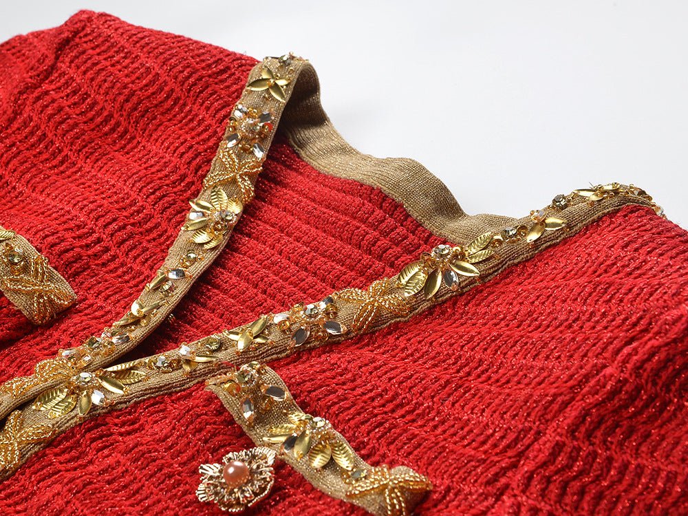 Red Cropped Tailored Textured Knit Sweater with Gold Accents