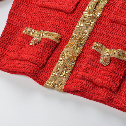 Red Cropped Textured Knit Sweater with Gold Accents