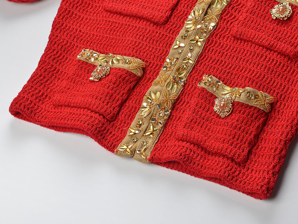 Red Cropped Textured Knit Sweater with Gold Accents