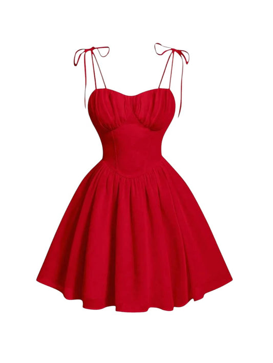 Red Date Night Bow Solid Ruched Bust Cami DressSun Dress