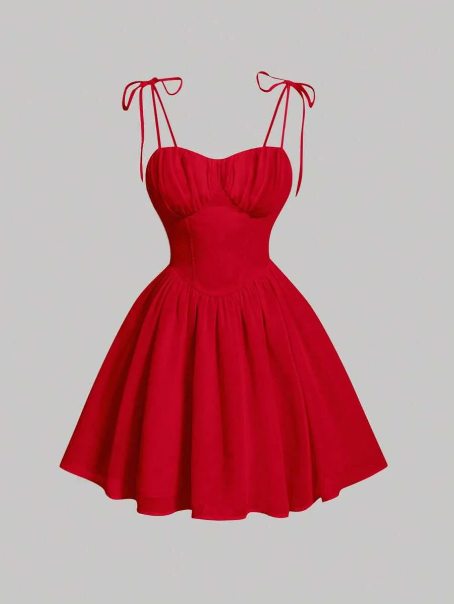 Red Date Night Bow Solid Ruched Bust Cami DressSun Dress
