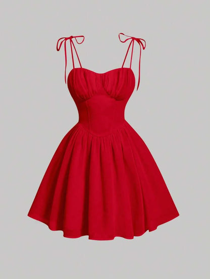 Red Date Night Bow Solid Ruched Bust Cami DressSun Dress