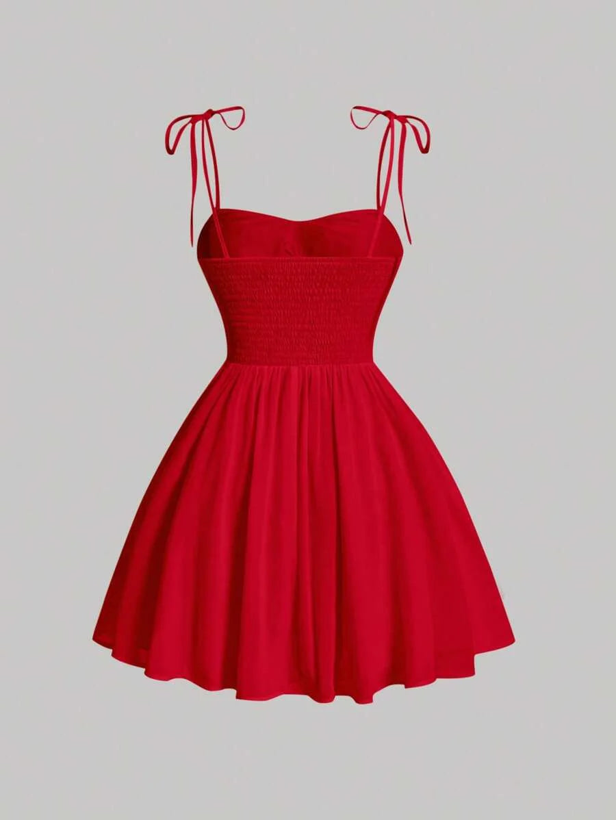 Red Date Night Bow Solid Ruched Bust Cami DressSun Dress