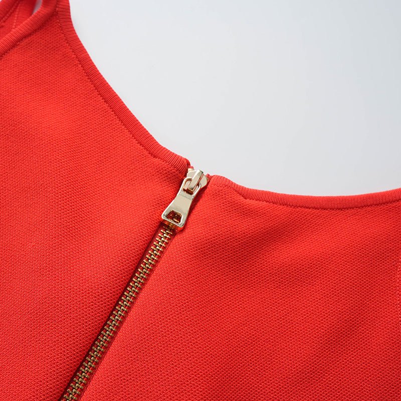 Red Flare A-Line Dress with Gold Button Details