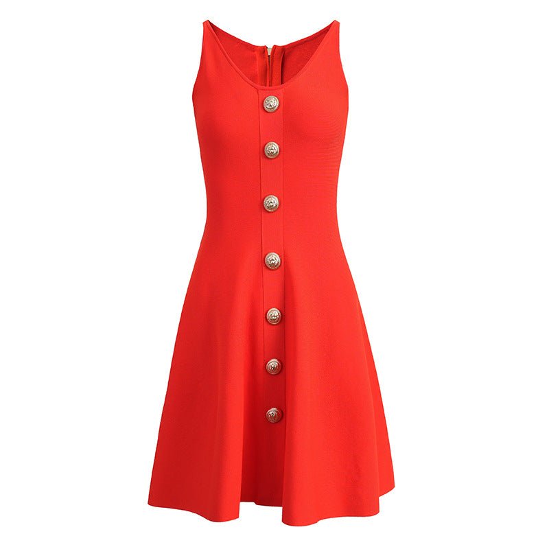 Red Flare A-Line Dress with Gold Buttons