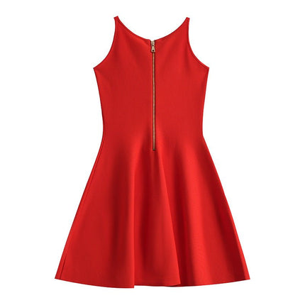 Red Flare A-Line Dress with Gold-tone Button Details