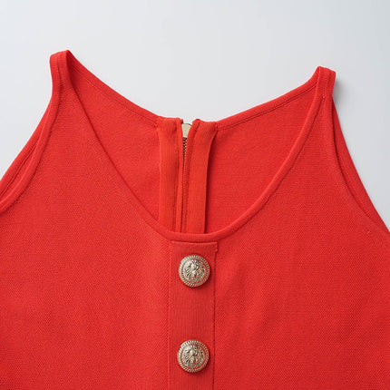 Red flare dress with gold-tone embossed buttons