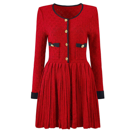 Vintage-inspired red flared skirt with black accents and gold buttons