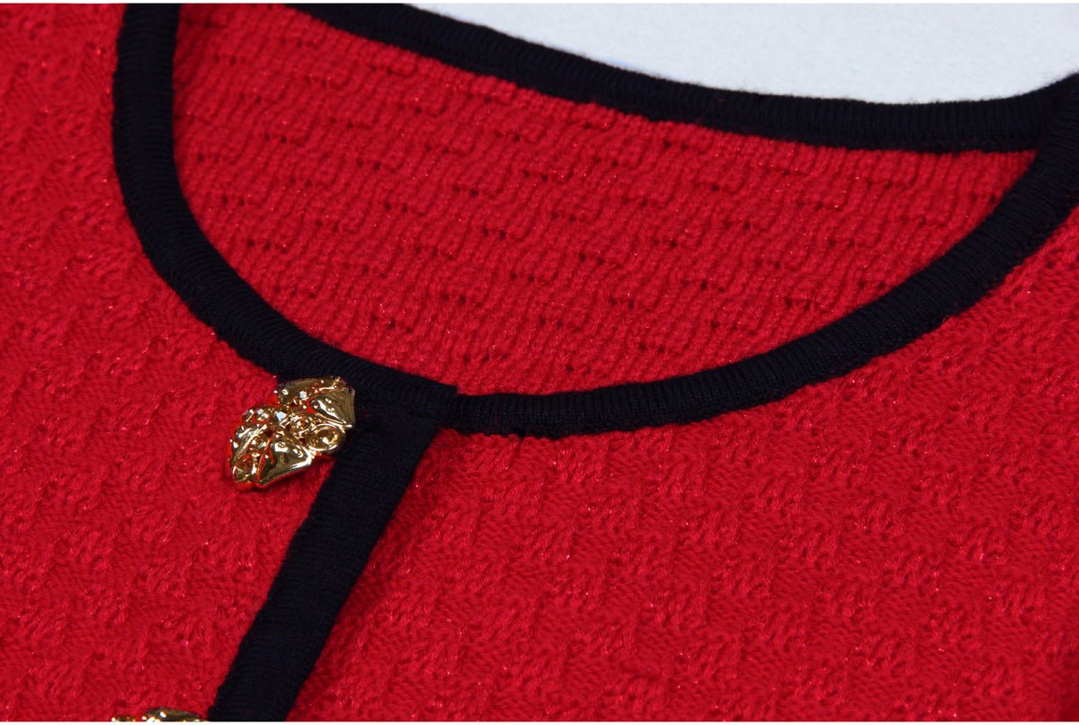 Vintage-inspired red flared skirt with black accents and gold buttons