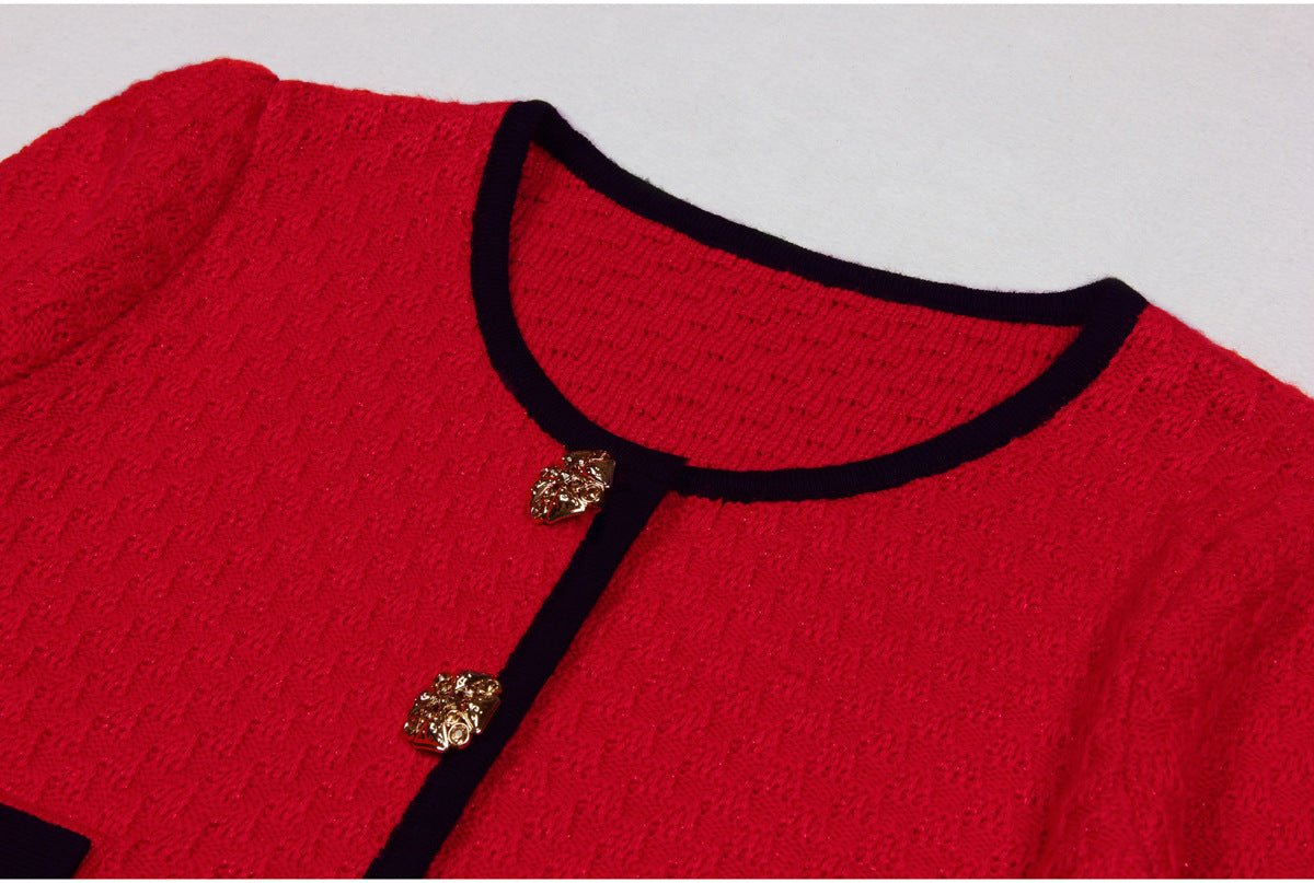 Vintage-inspired red flared skirt with black accents and gold buttons