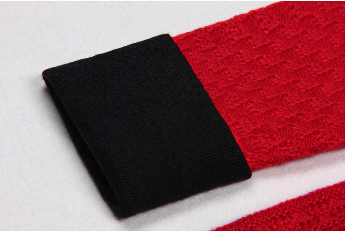 Vintage-inspired red flared skirt with black accents and gold buttons