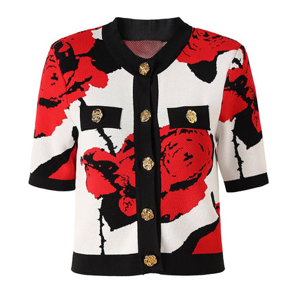 Red floral boxy silhouette knitted top with gold buttons