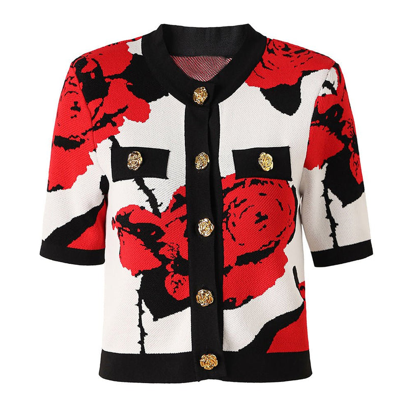 Red floral boxy silhouette knitted top with gold buttons