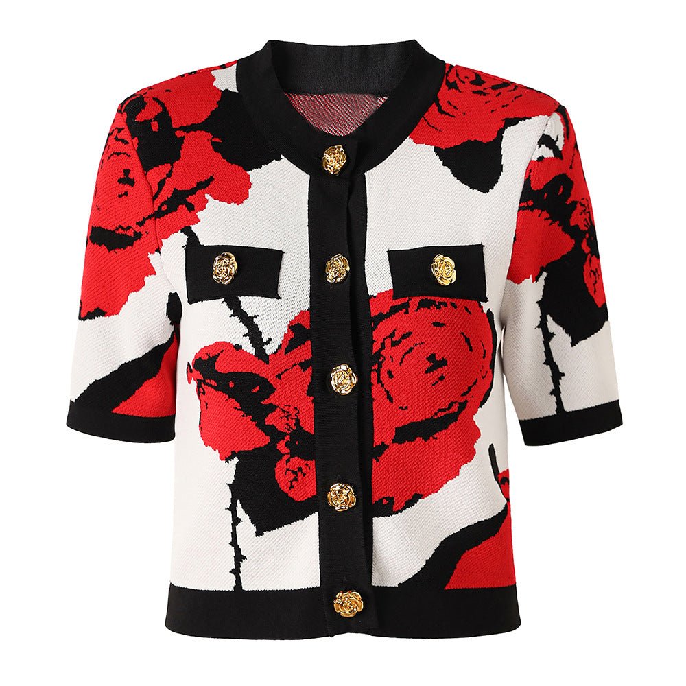 Red floral boxy silhouette knitted top with gold buttons