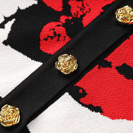 Red floral pattern boxy silhouette short sleeve top with gold buttons
