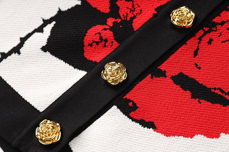 Red floral pattern boxy top with gold buttons and front pockets