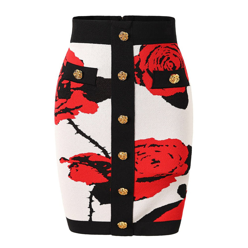 Red floral pencil skirt with gold-tone button embellishments