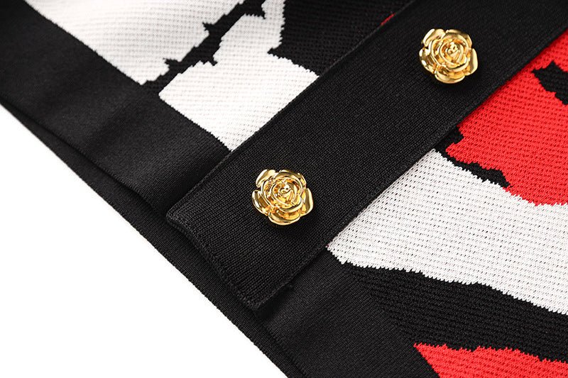 Red floral pencil skirt with gold-tone button embellishments