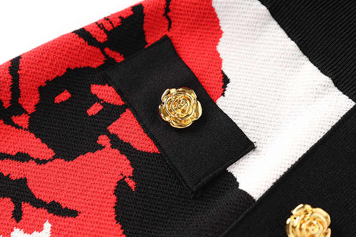 Red floral pencil skirt with gold-tone button embellishments