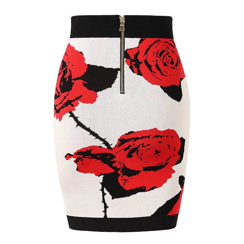 Red Floral Pencil Skirt with Gold-tone Buttons